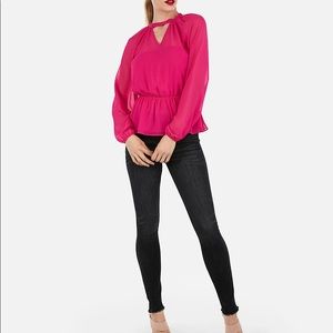 Express Barbiecore sheer choker peplum blouse dark pink size small